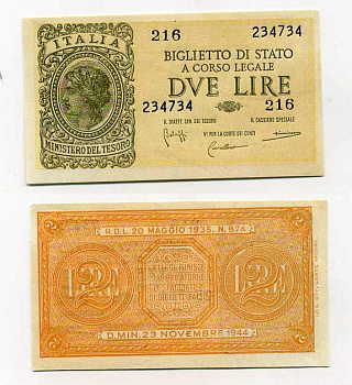 Италия 2 лиры 1944 Pick 30b, Grapanzano BS 16 бумага UNC (пресс) 8614-24-4-2