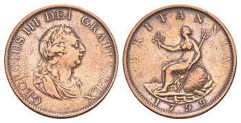 Великобритания 1/2 пенни 1799 Георг III (1760-1820) KM 647, Spink 3778 медь 3711-845