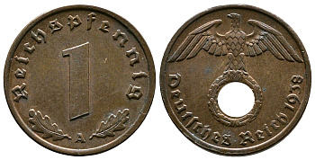 Германия 1 рейхспфенниг 1938 A KM 89, J. 361 бронза    220-263