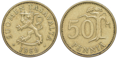 Финляндия 50 пенни 1969 S KM 48 алюминиевая бронза 259-615