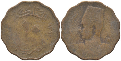 ЕГИПЕТ 10 МИЛЛИМОВ 1943 FAROUK (1355-1372) (1936-1952) KM 361 бронза 28-1234