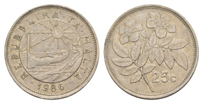Мальта 25 центов 1986 шиповник вечнозелёный KM 80 медно-никель 4633-1156
