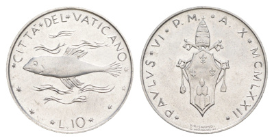 Ватикан 10 лир 1972 MCMLXXII, Павел VI KM 119 алюминий UNC 4648-117