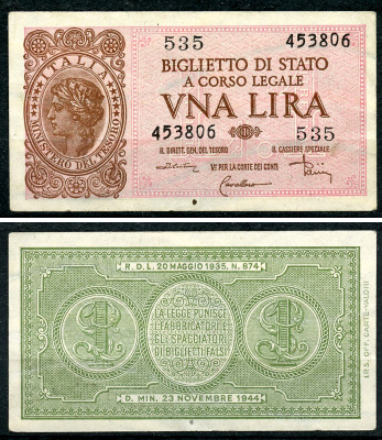 Италия 1 лира 1944 подписи Di Cristina, Cavallaro, Parisi Pick 29 c, Grapanzano BS 8  бумага  aUNC 8614-8-2-1