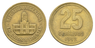 Аргентина 25 сентаво 1992 ратуша Буэнос-Айреса KM 110.1 алюминиевая бронза 4663-557