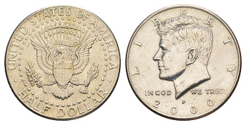 США 1/2 доллара (50 центов) 2000 P, Джон Кеннеди KM A202b медь плакированная медно-никелем aUNC 4517-1013