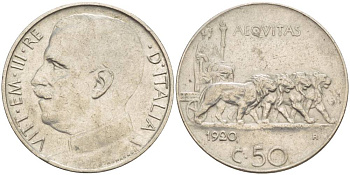 ИТАЛИЯ 50 ЧЕНТЕЗИМО 1920 R, ВИКТОР ЭММАНУИЛ III (1900-1946), ГЛАДКИЙ ГУРТ, МАГНИТНАЯ KM 61.2 никель VF 55-111