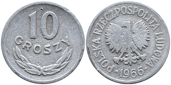 Польша 10 грошей 1966 MW KM AA47, Parchimowicz 206e алюминий 4392-369