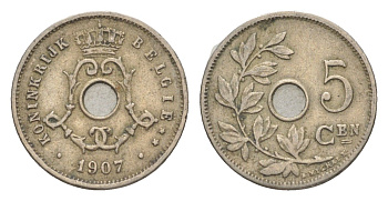 Бельгия 5 сантимов 1907 Belgie, Леопольд I (1865-1909) KM 55 медно-никель 4615-853
