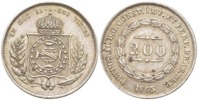 Бразилия 200 рейс 1865 Педро II (1831-1889) KM 469 серебро    4528-143