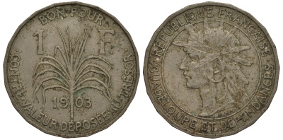 Гваделупа 1 франк 1903 KM 46 медно-никель 272-742