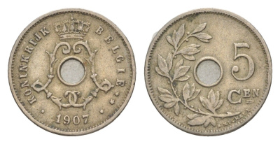 Бельгия 5 сантимов 1907 Belgie, Леопольд I (1865-1909) KM 55 медно-никель 4615-853