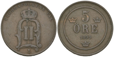 Швеция 5 эре 1899 Оскар II (1872-1907) KM 757 бронза 4171-755