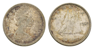 Канада 10 центов 1965 Елизавета II (1952-2022), парусник KM 61 серебро 4623-944