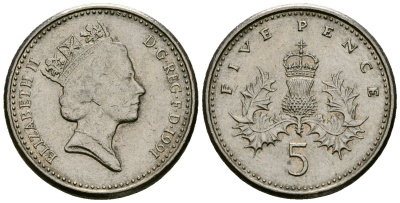 Великобритания 5 пенсов 1991 Елизавета II (1952-2022) KM 937b, Spink 4372 (D4) медно-никель 4172-521