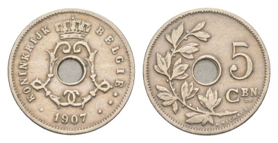 Бельгия 5 сантимов 1907 Belgie, Леопольд I (1865-1909) KM 55 медно-никель 4615-915