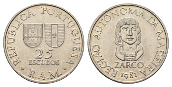 Португалия, Мадейра 25 эскудо 1981 автономная область Мадейра KM 4 медно-никель UNC 4678-755