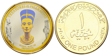 Египет 1 фунт 2007 АН1428, серия фараоны, Нефертити, цветная наклейка, позолота UNC 81-224