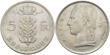 БЕЛЬГИЯ 5 ФРАНКОВ 1975 BELGIQUE, БОДУЭН I (1951-1993) KM 134.1 медно-никель 119-735