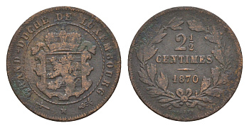 Люксембург 2 1/2 сантима 1870 Виллем III (1849-1890) KM 21 бронза 4655-241