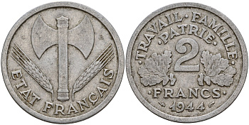 Франция 2 франка 1944 тип LOURDE, правительство Виши KM 904 алюминий 4187-1013