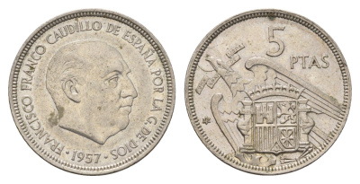 Испания 5 песет 1957 (73) Франсиско Франко (1939-1975) KM 786 медно-никель 4707-332