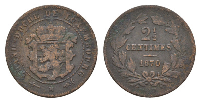 Люксембург 2 1/2 сантима 1870 Виллем III (1849-1890) KM 21 бронза 4655-241