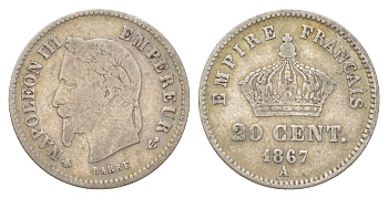 Франция 20 сантимов 1867 A, Наполеон III (1852-1870) KM 805 серебро 4623-1146