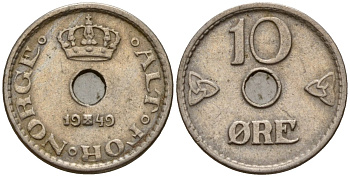 Норвегия 10 эре 1949 Хокон VII (1906 - 1957) KM 383 медно-никель 4154-761