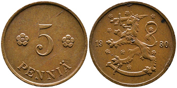 ФИНЛЯНДИЯ 5 ПЕННИ 1930 KM 22 медь 4387-419