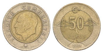 Турция 50 курушей 2009 Кемаль Ататюрк KM 1243 биметалл 4650-456