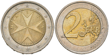 Мальта 2 евро 2008 F KM 132 биметалл aUNC 4556-1234