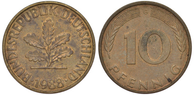 ФРГ 10 пфеннигов 1988 G KM 108, J 383 сталь плакированная латунью 25-1816