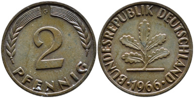 ФРГ 2 пфеннига 1966 G KM106, J.381 бронза 4392-443