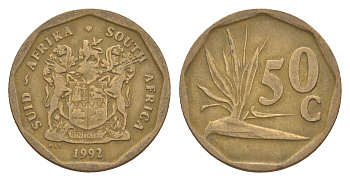ЮАР 50 центов 1992 Зантедеския Эллиота (калла), герб KM 137 сталь плакированная бронзой 4618-618
