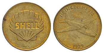 Франция жетон Shell - Человек в полете - Хейнкель HE 178, 1939 1969 диаметр 26 мм, вес 5 гр Kooij RS011.10c сталь плакированная латунью aUNC 4656-344