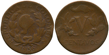 Колумбия 5 сентаво 1956 KM 206, Schon 27, Hernandez 381, Restrepo 370.18 медь 4576-1235