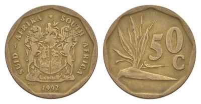 ЮАР 50 центов 1992 Зантедеския Эллиота (калла), герб KM 137 сталь плакированная бронзой 4618-618