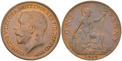 Великобритания 1 пенни 1919 Георг V (1910-1936) KM 810, Spink 4051 бронза    69-731