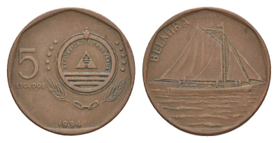 Кабо-Верде 5 эскудо 1994 Корабли - Belmira KM 36 сталь плакированная медью 4655-729