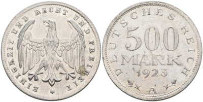 Германия 500 марок 1923 А KM 36, J.305 алюминий 4574-915