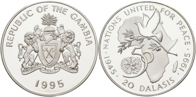 Гамбия 20 даласи 1995 50 лет ООН KM 37а серебро PROOF 1098-1-54