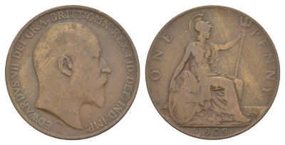 Великобритания 1 пенни 1909 Эдуард VII (1901-1910) KM 794.2, Spink 3990 бронза 4634-444