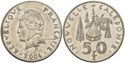 Французская Новая Каледония 50 франков 2004 хижина среди сосен и пальм, (IEOM) KM 13, Schoen 15, Lec 121 никель 4144-124