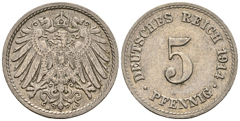 Германия 5 пфеннигов 1914 A, KM 11, J. 12 медно-никель 220-725