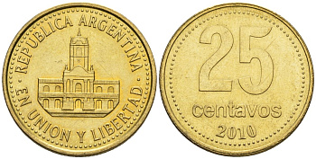 Аргентина 25 сентаво 2010 ратуша Буэнос-Айреса KM 110, CJ 4.6.2, Schon 111 алюминиевая бронза    60-442