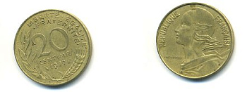 ФРАНЦИЯ 20 САНТИМОВ 1977 ТИП MARIANNE KM 930, LE FRANC 156.17 алюминиевая бронза 54-1523