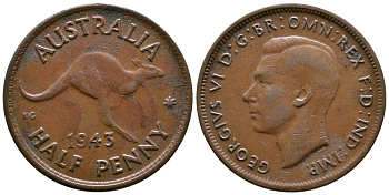 АВСТРАЛИЯ 1/2 ПЕННИ 1943 m, ГЕОРГ VI (1936-1952), КЕНГУРУ KM 41 бронза 4384-1111
