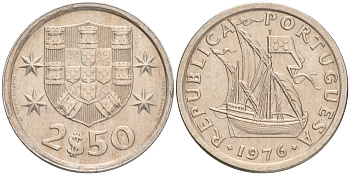 ПОРТУГАЛИЯ 2,5 ЭСКУДО 1976 ПАРУСНИК KM 590 медно-никель 192-811