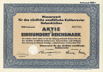 Германия 100 рейхсмарок 1941 Гидротехнические сооружения для угольного месторождения Гельзенкирхен в Северной Вестфалии, акция   бумага   8802-35-1